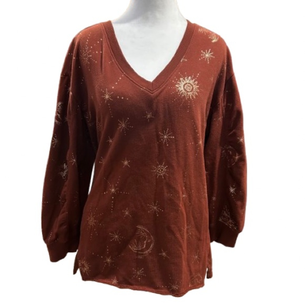 Democracy Celestial Sweatshirt Rust Gold Foil Sun Moon Star V-Neck Whimsigoth M